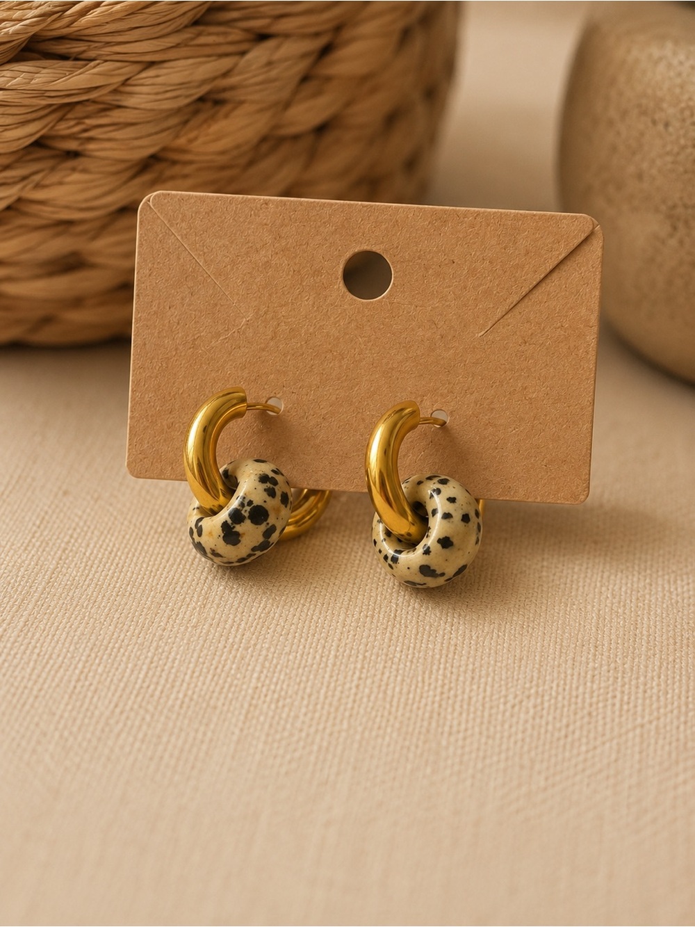 Earthy 18 k Gold Plated Hoops with Dalmatian Jasper Charms